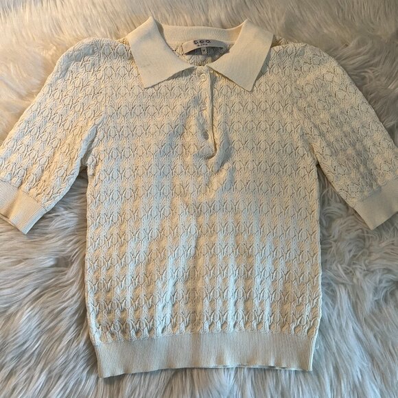 Sea Knit Polo Pointelle Sweater, Cream - Picture 1 of 3